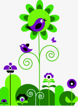 绿色春天卡通花朵紫色小鸟素材