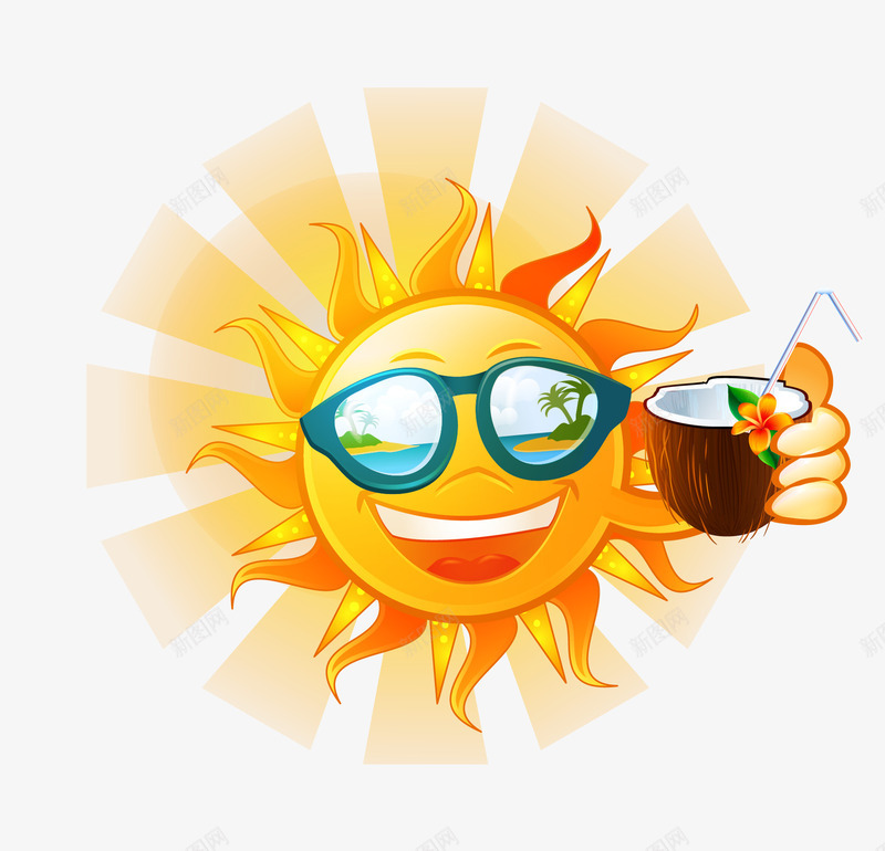 喝椰汁的太阳png免抠素材_新图网 https://ixintu.com 太阳镜椰汁太阳墨镜夏季矢量图