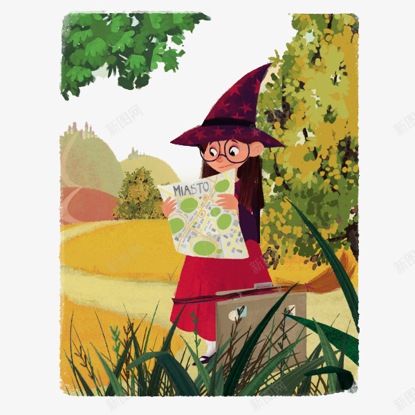 秋日女巫帽装扮女孩png免抠素材_新图网 https://ixintu.com 女巫帽的女孩 看报的女孩 秋天的树林