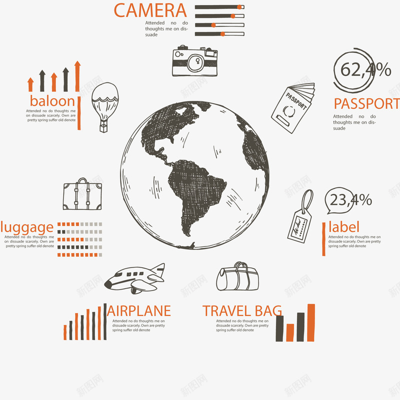 手绘环球旅行信息图png免抠素材_新图网 https://ixintu.com 图表 地球 护照 数据 旅行 环游世界 飞机