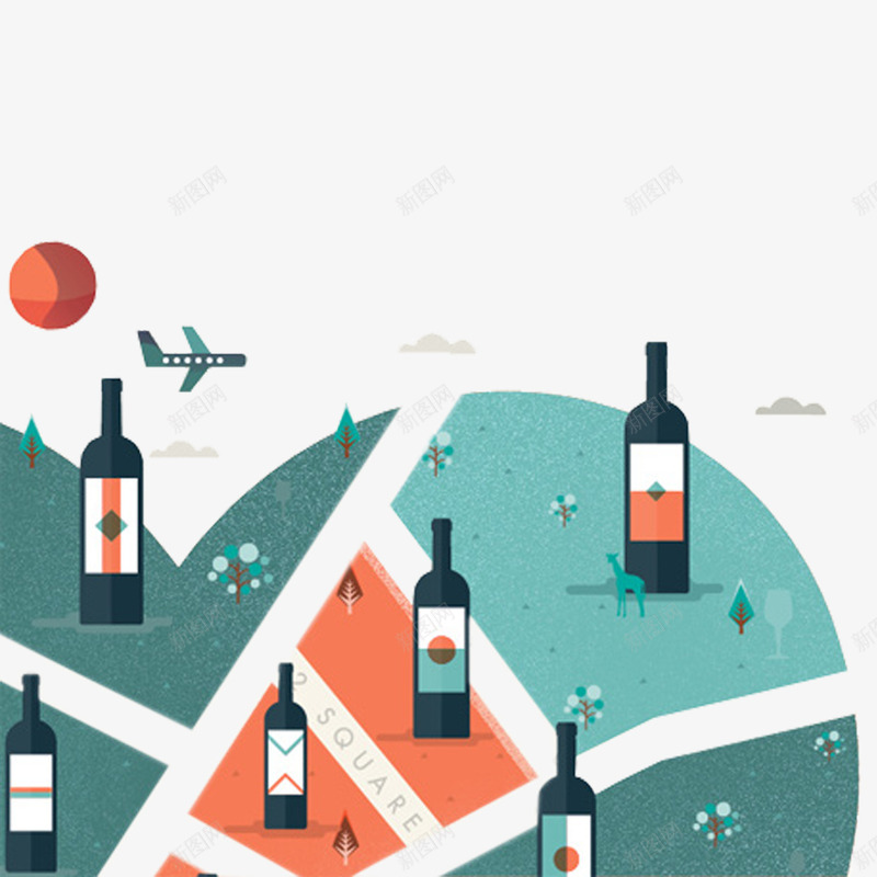 红酒平面图标png_新图网 https://ixintu.com 正面图 红酒平面地图 草坪 飞机