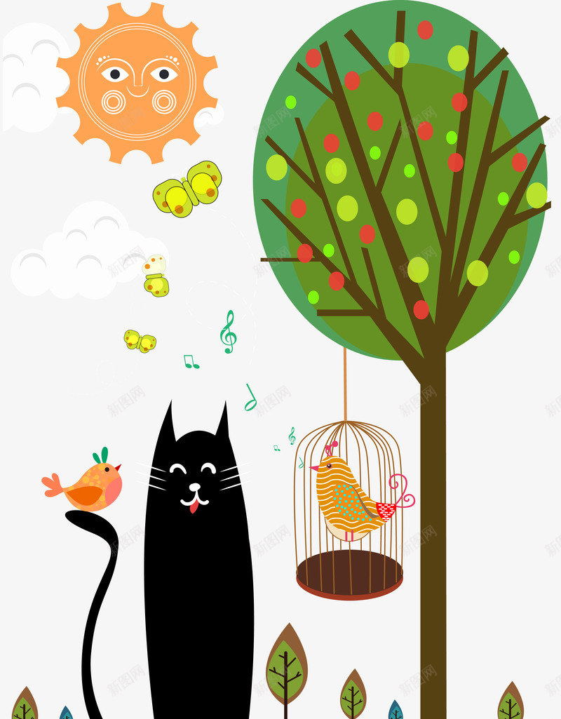 大树底下的动物png免抠素材_新图网 https://ixintu.com 卡通 太阳 小鸟 猫咪 绿色 鸟笼