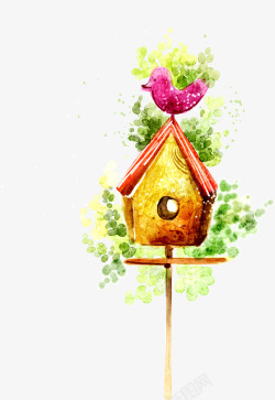 小鸟和树屋手绘插画郊外树屋小鸟高清图片