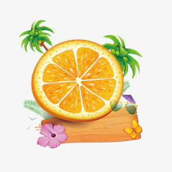 卡通手绘橙子和木牌素材
