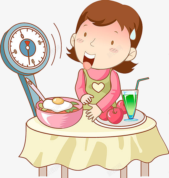 卡通做饭的女人png免抠素材_新图网 https://ixintu.com 做饭的女人 卡通 卡通秤 桌子上的食物 碗里的食物 称重秤 苹果 饮料