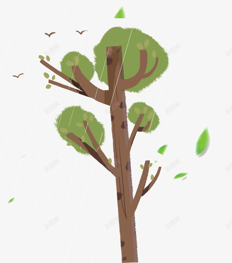 卡通手绘绿色树木雨中的psd免抠素材_新图网 https://ixintu.com 卡通 叶子 小鸟 手绘 插画 树木 绿色 雨中的树木