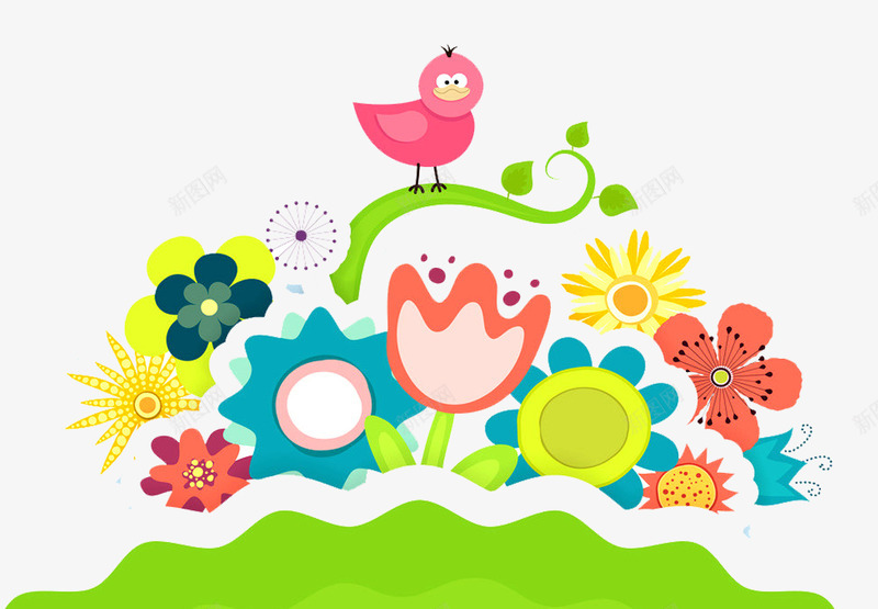 卡通花园png免抠素材_新图网 https://ixintu.com 卡通PNG 卡通小鸟 卡通植被 卡通花朵