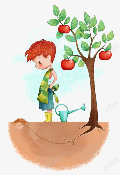 苹果树png免抠素材_新图网 https://ixintu.com 卡通小男孩 绘本 苹果树
