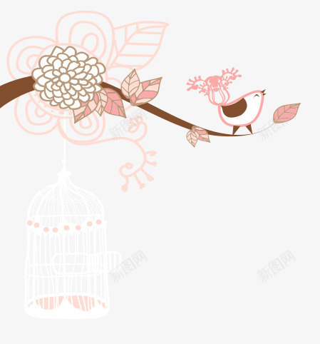 卡通花鸟元素png免抠素材_新图网 https://ixintu.com 卡通花鸟元素 婚庆元素 婚礼 树枝上的小鸟 鸟笼