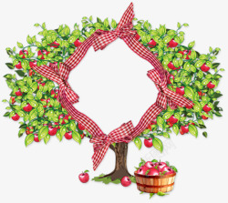 红白格子背景苹果树木桶卡通格子相框高清图片