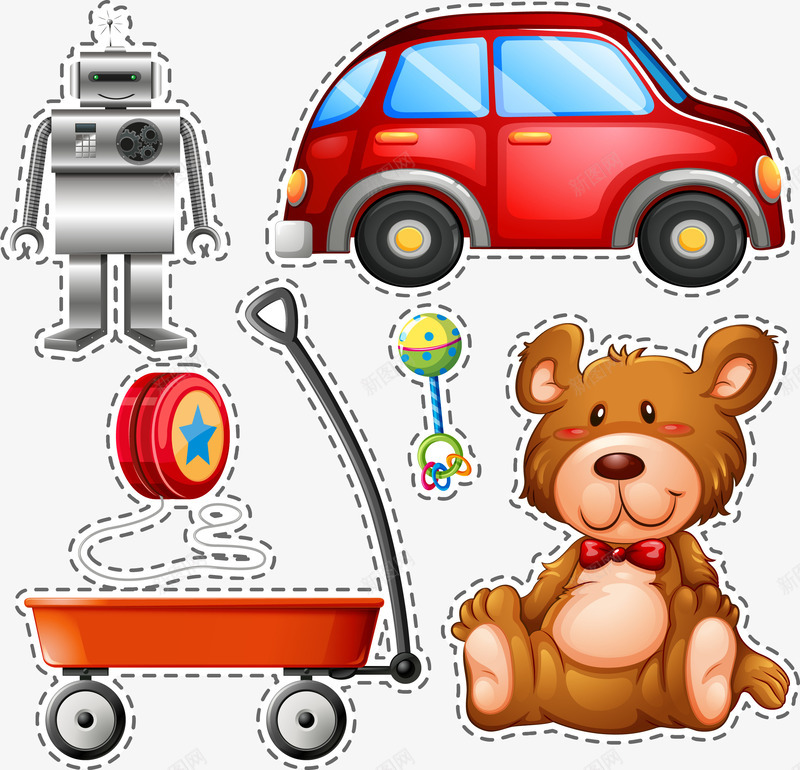 手绘卡通儿童玩具png免抠素材_新图网 https://ixintu.com 儿童玩具 卡通 小汽车 幼儿玩具 手绘 机器人 玩具熊