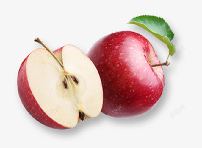 红红的苹果png免抠素材_新图网 https://ixintu.com 切开的水果 打开的苹果 红苹果 绿叶