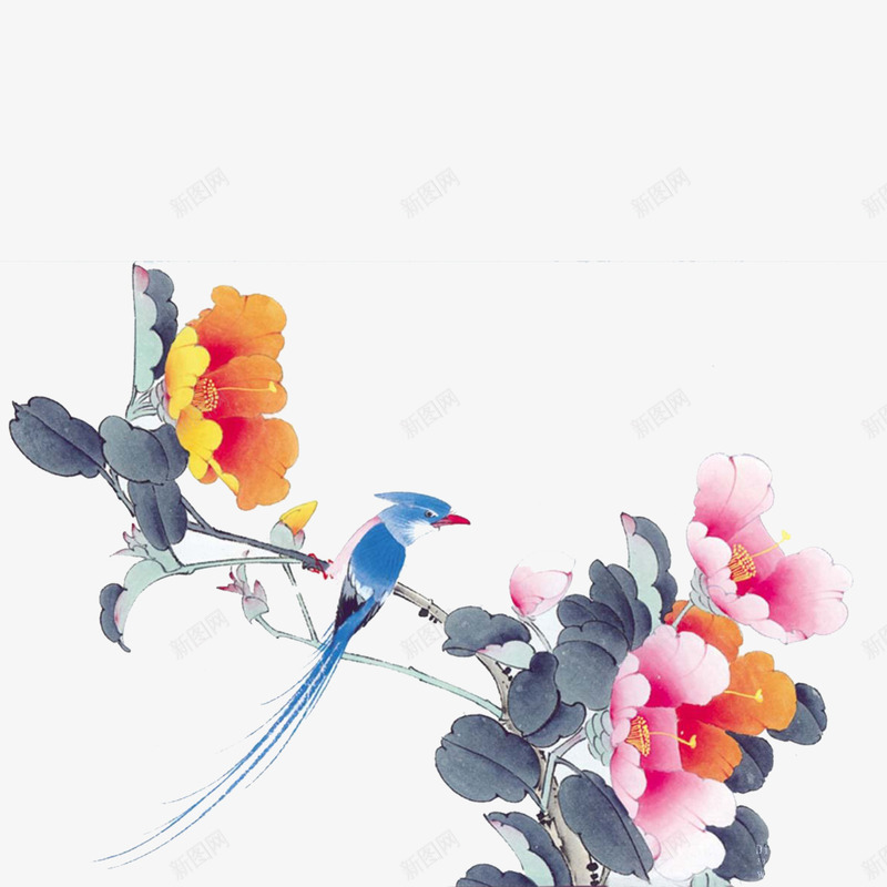 花鸟图png免抠素材_新图网 https://ixintu.com 中国风 小鸟 橙色 粉色 花朵 花鸟图