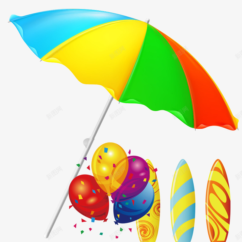夏季海边png免抠素材_新图网 https://ixintu.com 唯美 夏天 夏季 太阳伞 彩色 气球 沙滩 海边 船