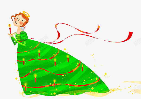 卡通穿裙子的公主png免抠素材_新图网 https://ixintu.com 免抠女童 卡通公主 穿裙子的公主 红色的丝带 绿色的裙子 蜡烛