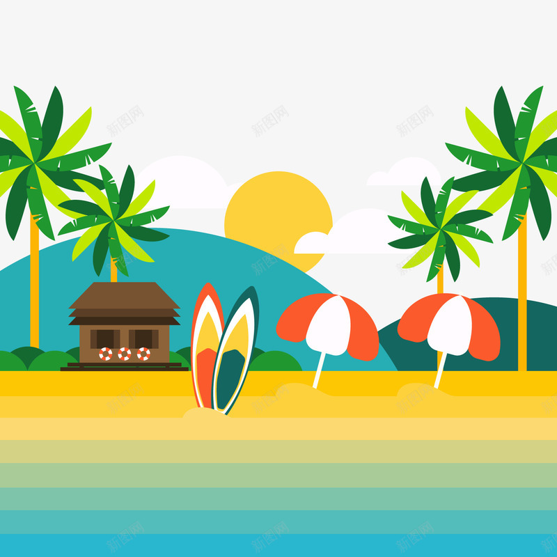 夏季度假沙滩风景png免抠素材_新图网 https://ixintu.com 夏季度假 夕阳 太阳伞 沙滩 海边 海边风景 游玩