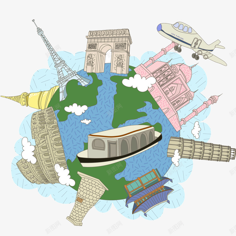 卡通环球旅游png免抠素材_新图网 https://ixintu.com 世界旅游 卡通 地球 建筑 环球旅行 飞机