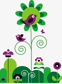 紫色卡通小鸟绿树素材
