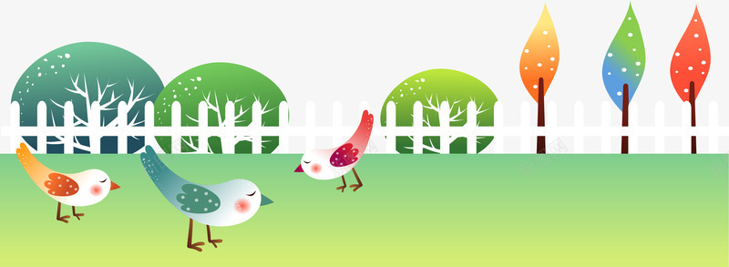 小鸟和树木png免抠素材_新图网 https://ixintu.com 卡通小鸟 小鸟 手绘树 篱笆