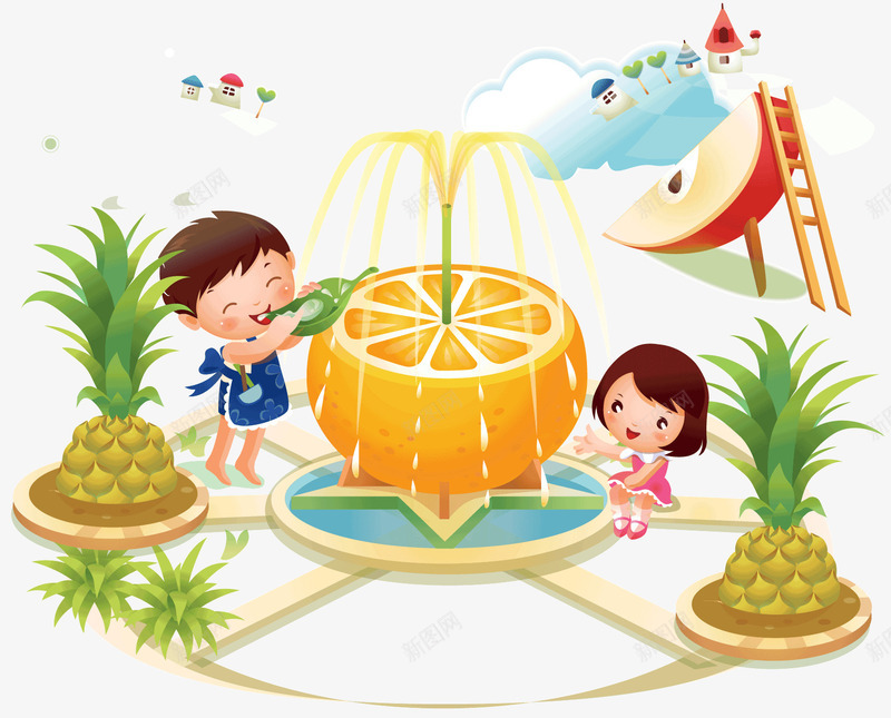 水果乐园的孩子们png免抠素材_新图网 https://ixintu.com 卡通男孩女孩 橙子 水果乐园 水果蔬菜 苹果 菠萝