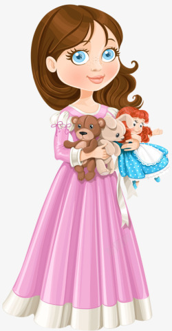 洋娃娃和小熊抱着玩具的女孩高清图片