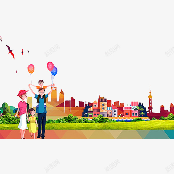 幸福一家png免抠素材_新图网 https://ixintu.com 可爱 城堡 小鸟 彩色 手绘 气球