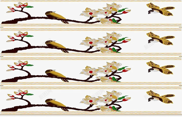 小花和小鸟手绘几何png免抠素材_新图网 https://ixintu.com 四个 树枝 白色小花 红色花蕊