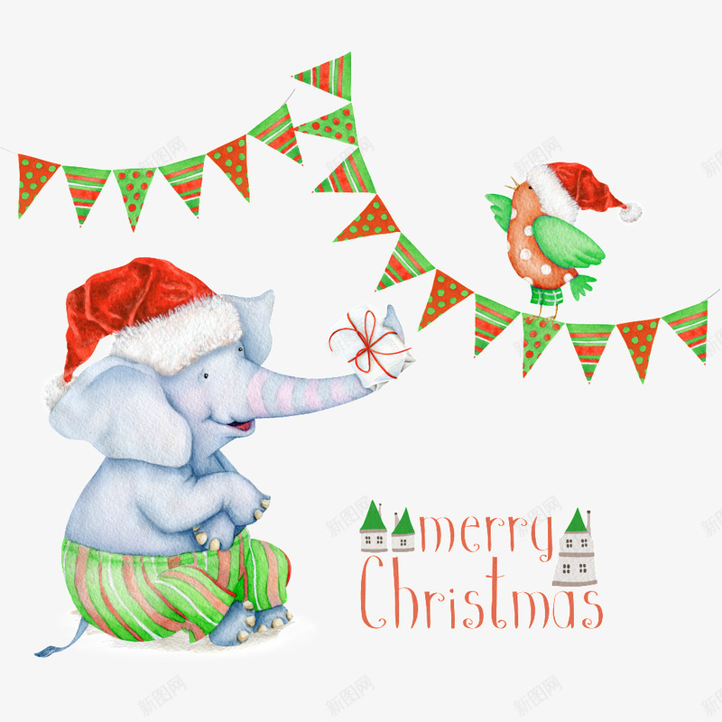 圣诞节动物庆祝png免抠素材_新图网 https://ixintu.com 动物 圣诞节 大象 小鸟 帽子 庆祝 彩带 红色