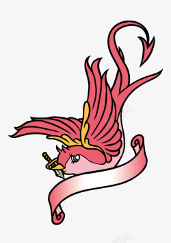 红色纹身小鸟叼剑纹身图案高清图片