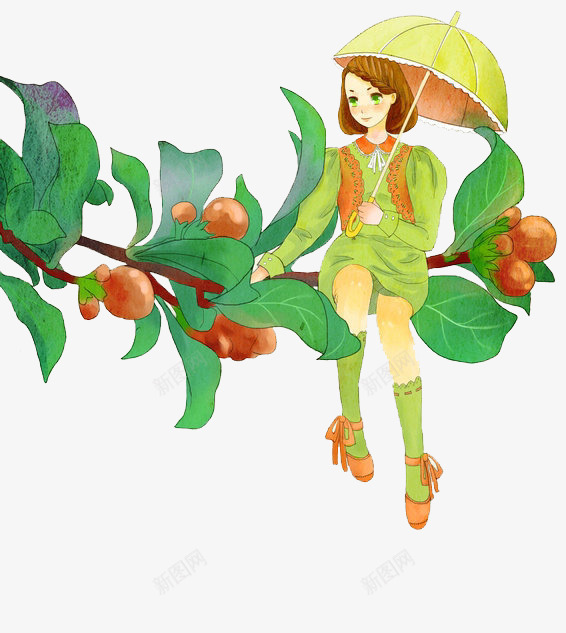 果枝上的小女孩png免抠素材_新图网 https://ixintu.com 手绘打伞女孩 插画 果实 树枝