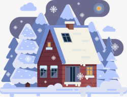 冬季小木屋蓝色卡通夜晚雪屋装饰矢量图高清图片
