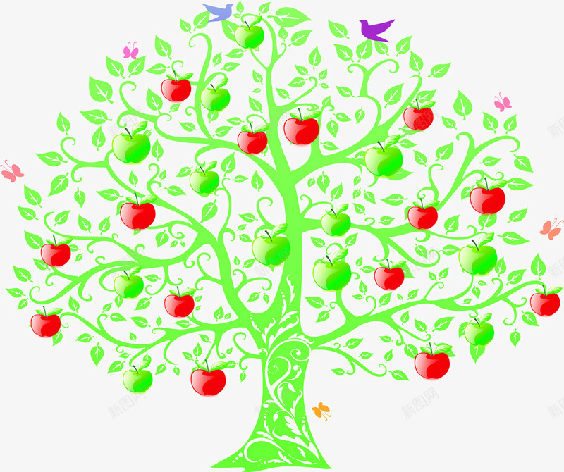 手绘的苹果树png免抠素材_新图网 https://ixintu.com 大树 红色 绿色 苹果