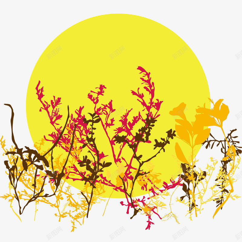 秋天的花自由向量png免抠素材_新图网 https://ixintu.com 月亮 树叶 树枝 秋天 黄色
