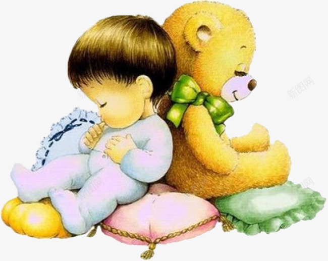 小孩和玩具熊png免抠素材_新图网 https://ixintu.com 创意 卡通 手绘 熟睡的小孩 玩具熊