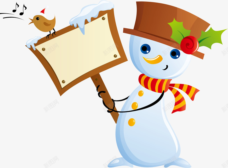 圣诞雪人png免抠素材_新图网 https://ixintu.com 卡通雪人圣诞帽子围脖小鸟指示牌