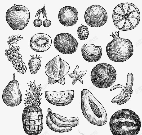 手绘素描水果png免抠素材_新图网 https://ixintu.com 梨 素描 苹果 菠萝 香蕉 黑白水果