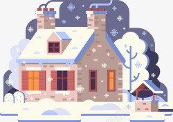 被雪覆盖的雪松欧式卡通夜晚雪屋装饰矢量图高清图片