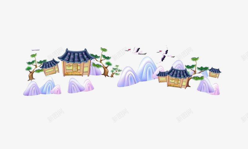 手绘房子png免抠素材_新图网 https://ixintu.com 古代 山 房子 鹤