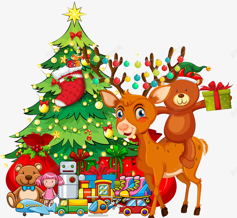 圣诞节插画psd免抠素材_新图网 https://ixintu.com 卡通 喜庆 圣诞快乐 圣诞树 圣诞礼物 圣诞节 小熊 玩具 礼物 红色 绘画 节日气氛 麋鹿