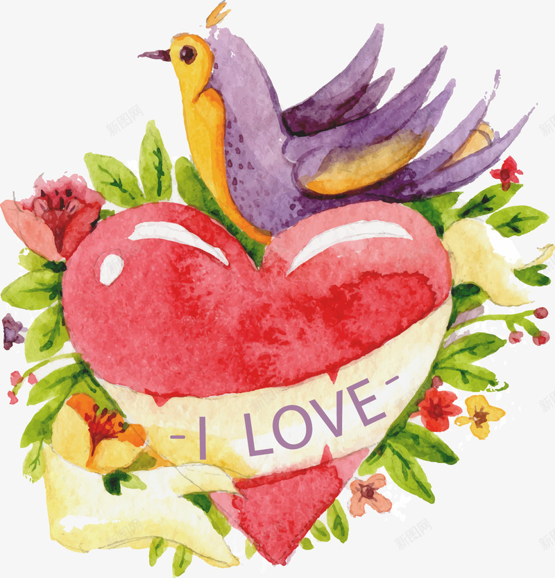 手绘爱心和小鸟png免抠素材_新图网 https://ixintu.com 小鸟 手绘 水彩 爱心 爱情鸟 花朵 装饰