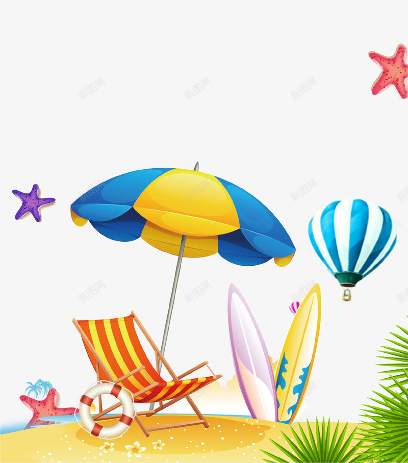卡通唯美海滩旅行插画psd免抠素材_新图网 https://ixintu.com 休闲 卡通 叶子 夏季 插画 旅行 气球 海滩 滑板