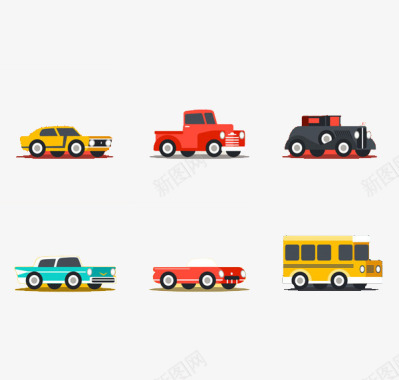 六辆卡通玩具小汽车图标图标