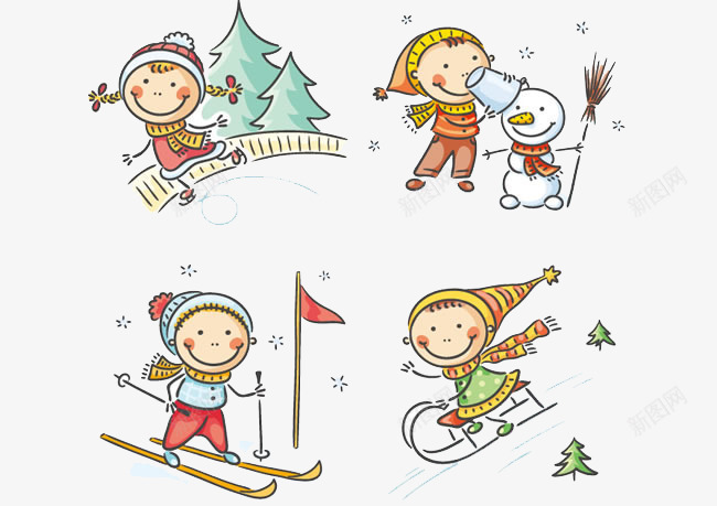 4款卡通冬季儿童psd免抠素材_新图网 https://ixintu.com 堆雪人 寒冷 滑雪 漫画