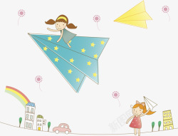 手拿纸张坐在纸飞机上飞翔的小女孩高清图片