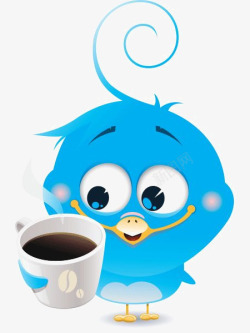 卡通蓝色喝咖啡小鸟素材
