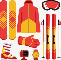 滑雪服红黄色冬季运动装备矢量图高清图片