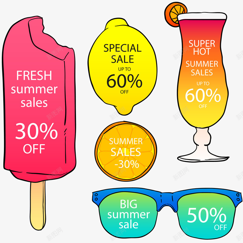 夏季销售元素标签png免抠素材_新图网 https://ixintu.com 冰棍 柠檬 标签 眼镜 饮料