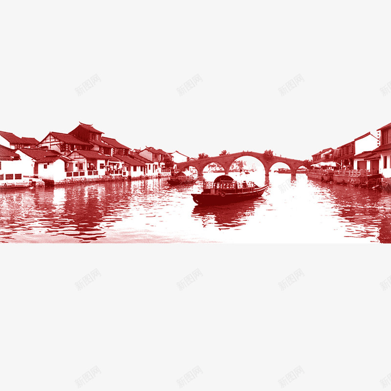 江南水乡psd免抠素材_新图网 https://ixintu.com 古代建筑 小船 拱桥 水城