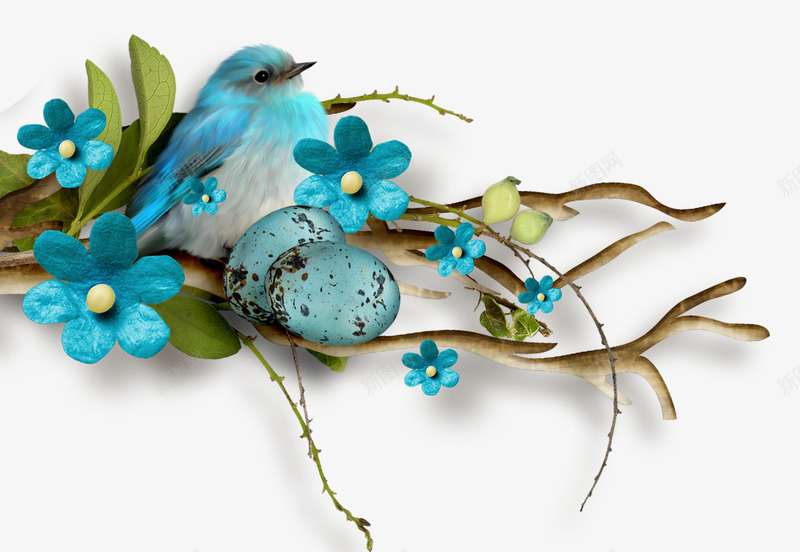 绿色树枝上的蓝色可爱小鸟png免抠素材_新图网 https://ixintu.com 可爱小鸟 绿色树枝 蓝色 蓝色小花