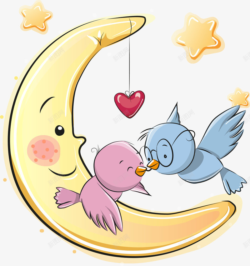 月亮上的小鸟png免抠素材_新图网 https://ixintu.com 动物 卡通动物 卡通小鸟 小鸟 月亮 鸟类